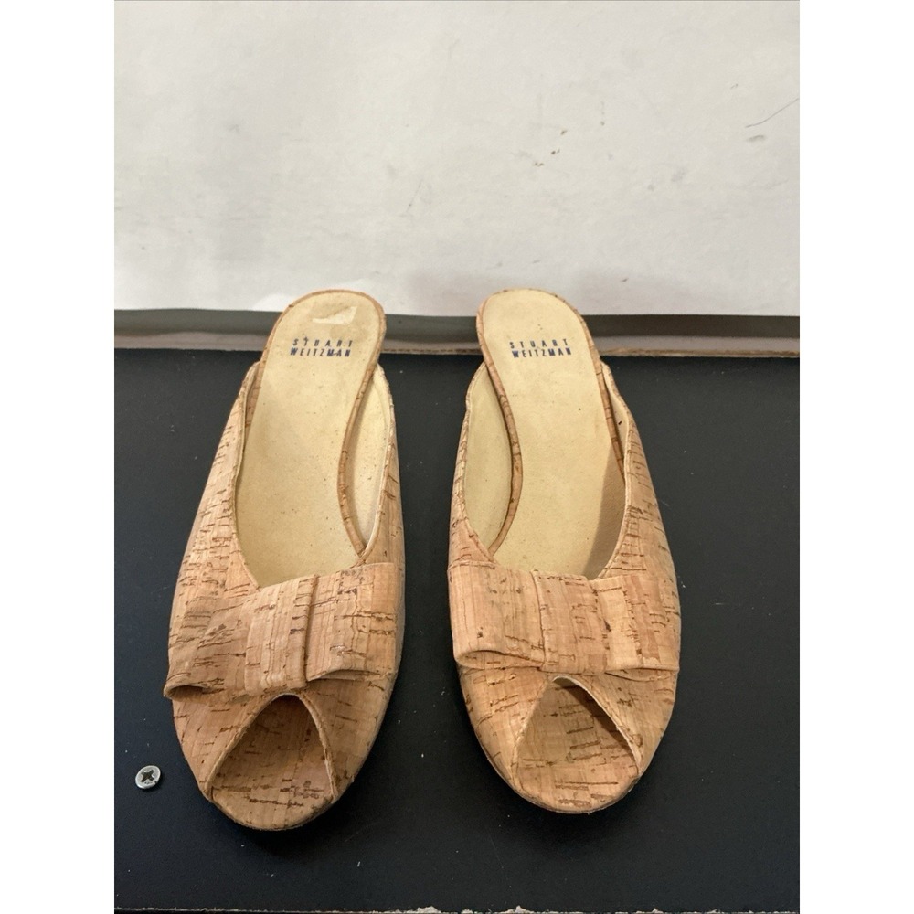 Vintage Stuart Weitzman Cork Wedge Slide Sandals Bow 8.5 N Cream 40142